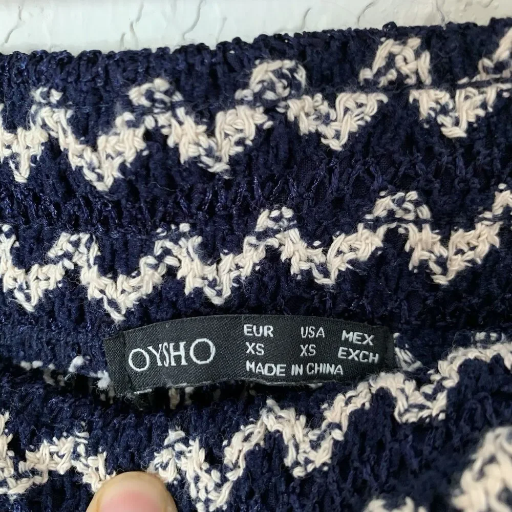 OYSHO Beach Pant XS Open Crochet Knit Navy Blue‎ Cream Stretch Sheer Flare Boho